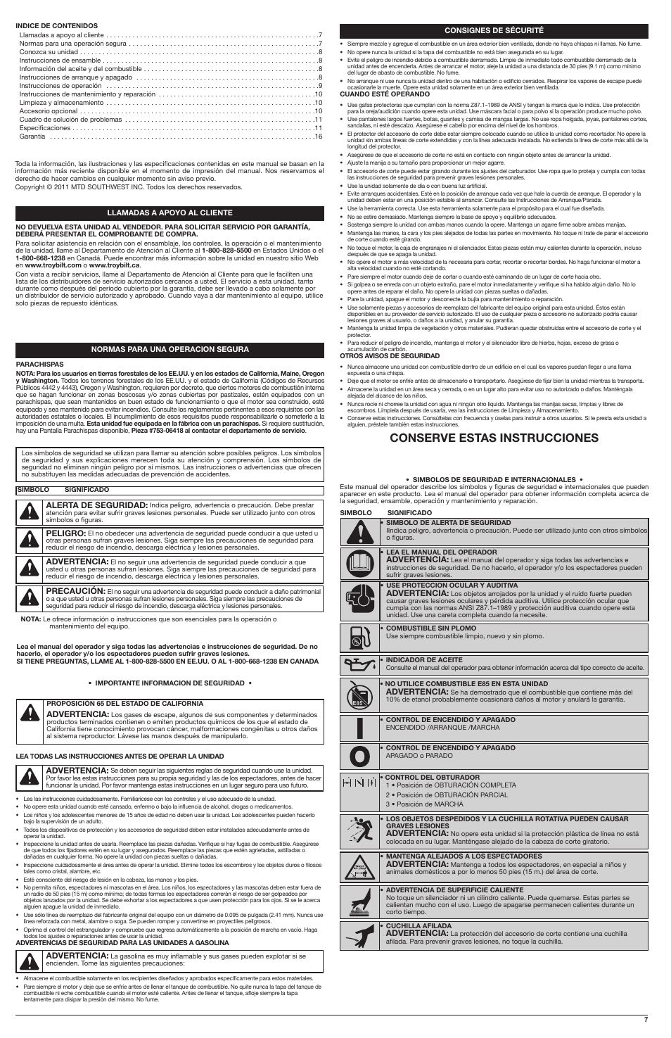 Conserve estas instrucciones | Troy-Bilt 2-Cycle Trimmer TB32 EC User Manual | Page 7 / 16