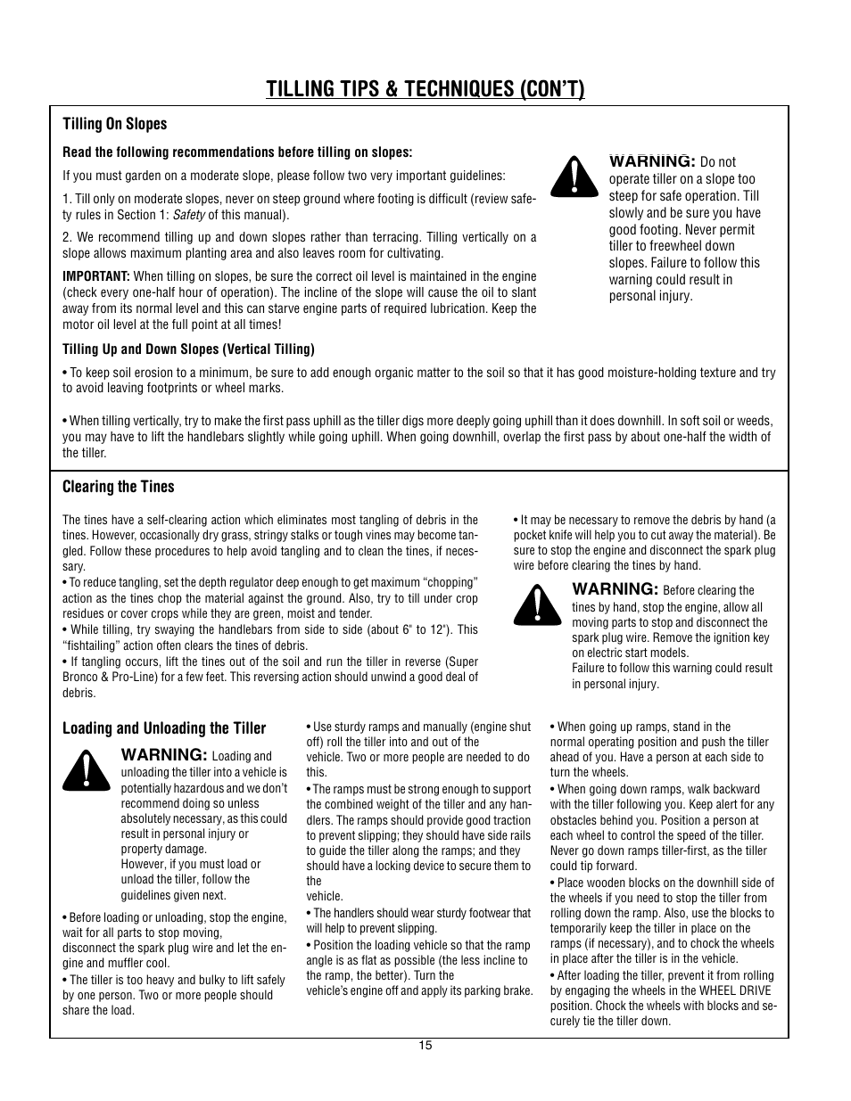 Tilling tips & techniques (con’t) | Troy-Bilt Super Bronco User Manual | Page 15 / 32