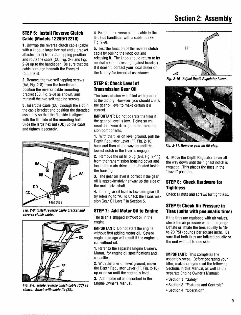 Step 6: check level of transmission gear oil, Step 7: add motor oil to engine, Step 8: check hardware for tightness | Install reverse clutch cable (models 12209/12210), Check level of transmission gear oil, Add motor oil to engine, Check hardware for tightness | Troy-Bilt 12208 User Manual | Page 9 / 36