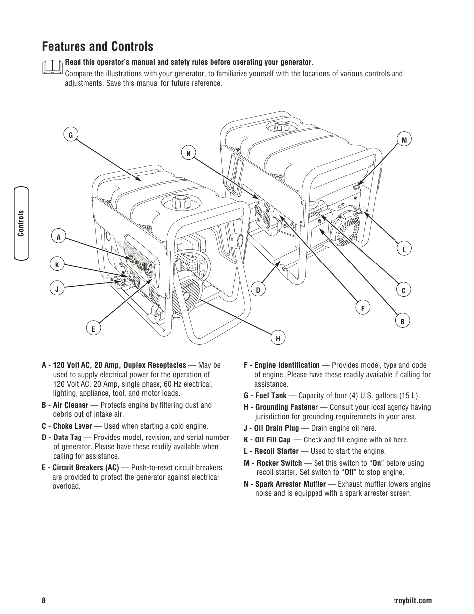 Receptacle, Receptacles, Features and controls | Troy-Bilt M F 8 5 CT 30331 User Manual | Page 10 / 48