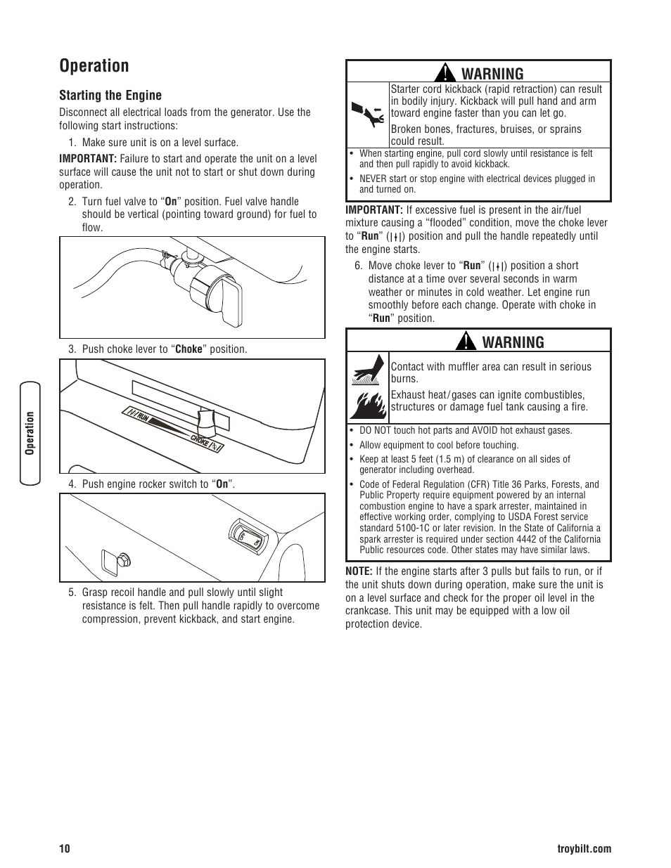 Operation, Warning | Troy-Bilt M F 8 5 CT 30331 User Manual | Page 12 / 48