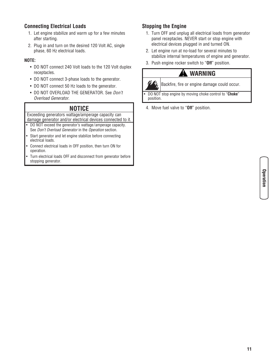 Connecting electrical loads, Stopping the engine, Connecting electrical loads stopping the engine | Warning, Notice | Troy-Bilt M F 8 5 CT 30331 User Manual | Page 13 / 48