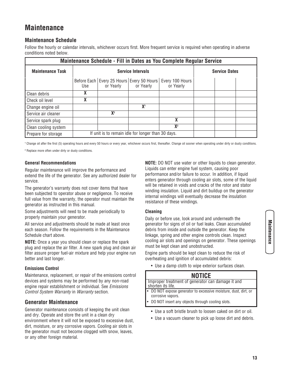 Don’t overload generato, Don’t overload generator, Maintenance | Notice, Maintenance schedule, Generator maintenance | Troy-Bilt M F 8 5 CT 30331 User Manual | Page 15 / 48