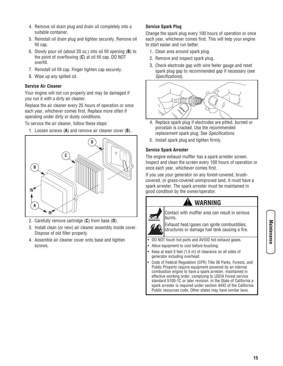 Generator maintenanc, Engine maintenanc, Generator maintenance engine maintenance | Warning | Troy-Bilt M F 8 5 CT 30331 User Manual | Page 17 / 48