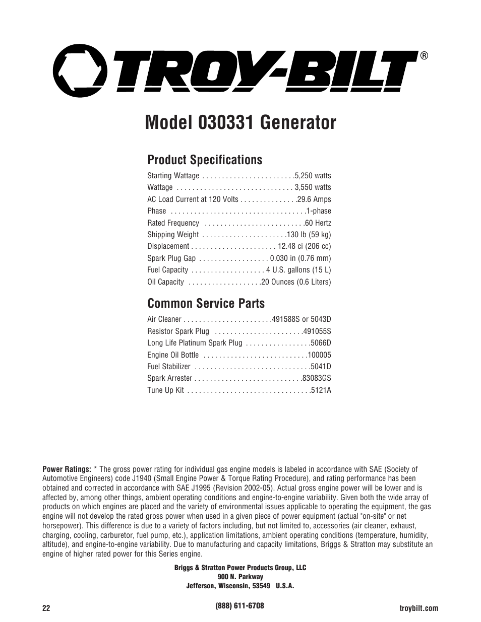 Product specifications, Common service parts | Troy-Bilt M F 8 5 CT 30331 User Manual | Page 24 / 48