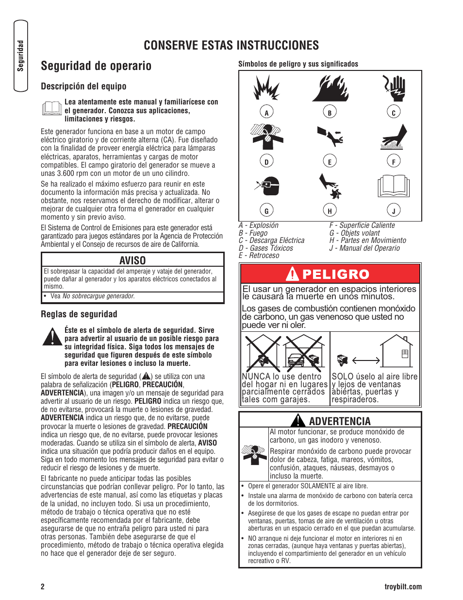 Seguridad de operario, Conserve estas instrucciones, Aviso | Advertencia | Troy-Bilt M F 8 5 CT 30331 User Manual | Page 28 / 48