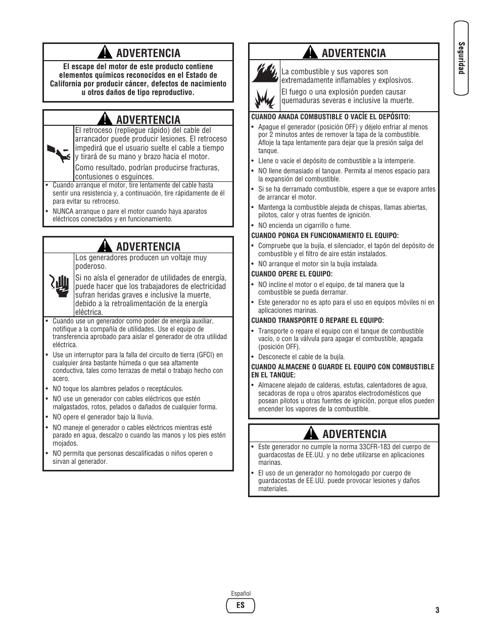 Advertencia | Troy-Bilt M F 8 5 CT 30331 User Manual | Page 29 / 48