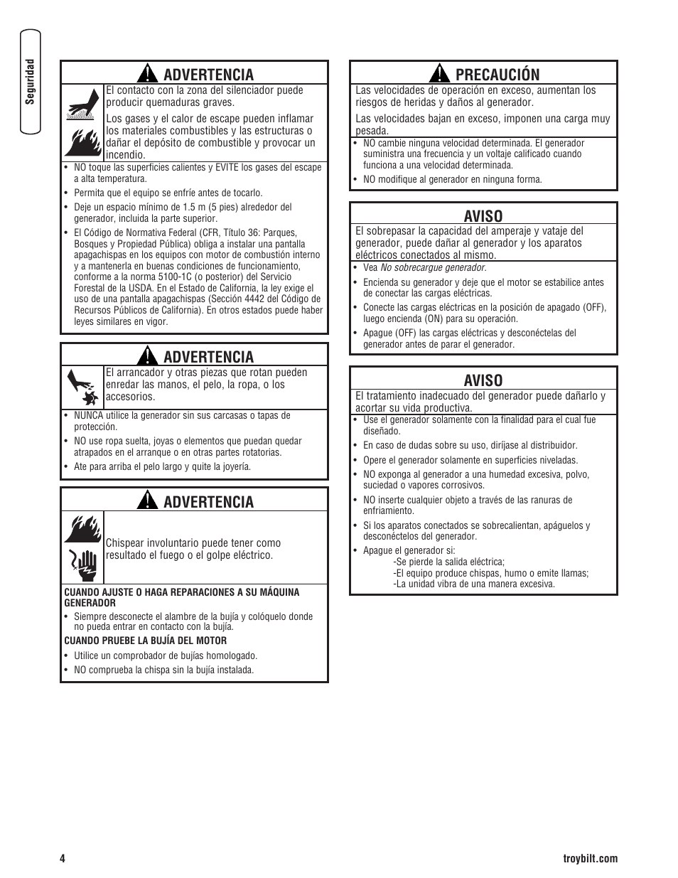 Advertencia, Precaución, Aviso | Troy-Bilt M F 8 5 CT 30331 User Manual | Page 30 / 48