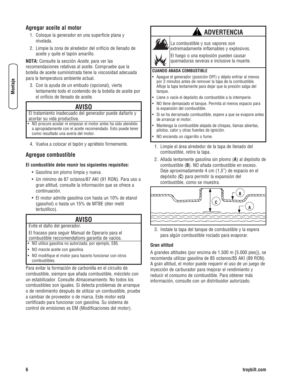 Aviso, Advertencia | Troy-Bilt M F 8 5 CT 30331 User Manual | Page 32 / 48