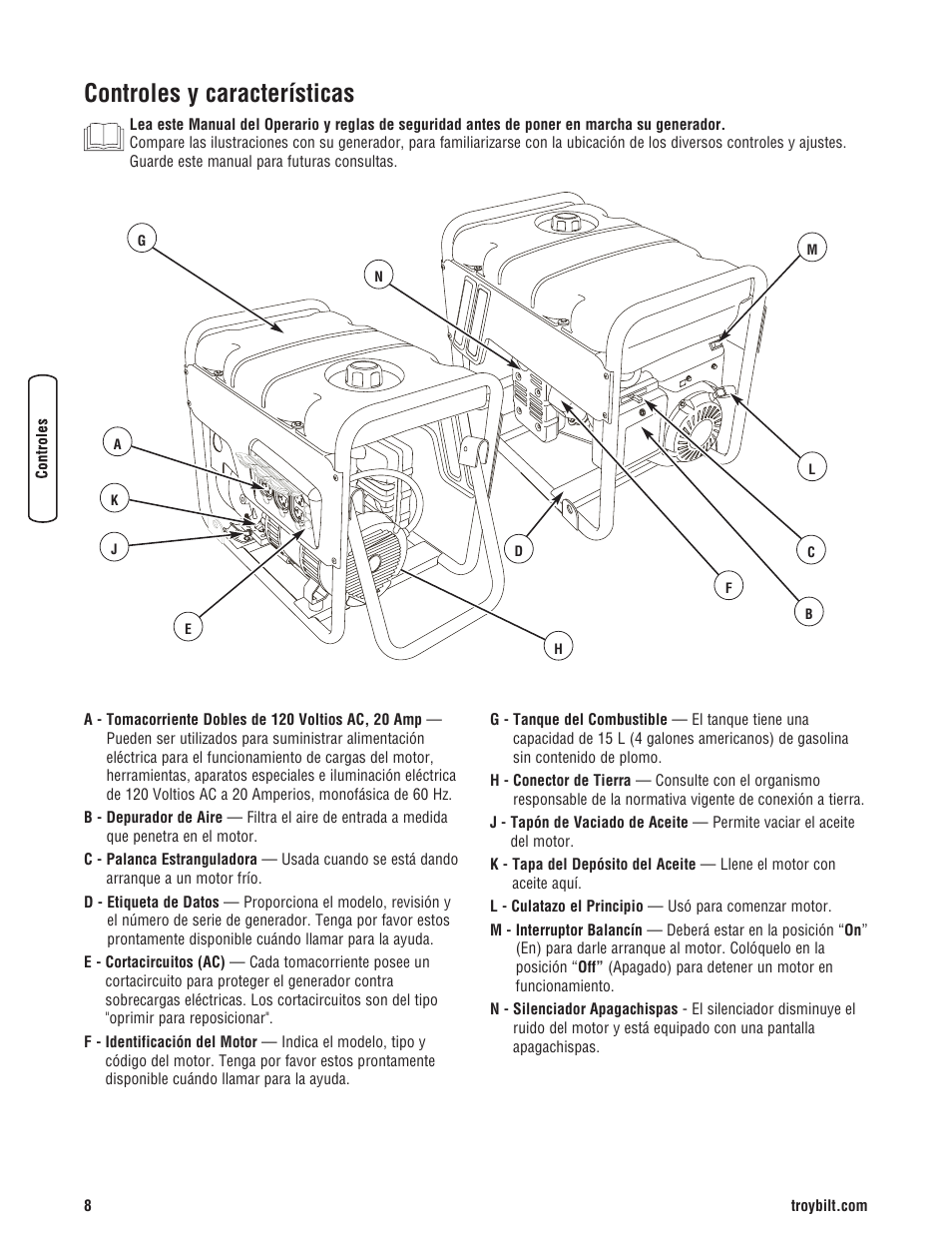 Controles y características | Troy-Bilt M F 8 5 CT 30331 User Manual | Page 34 / 48