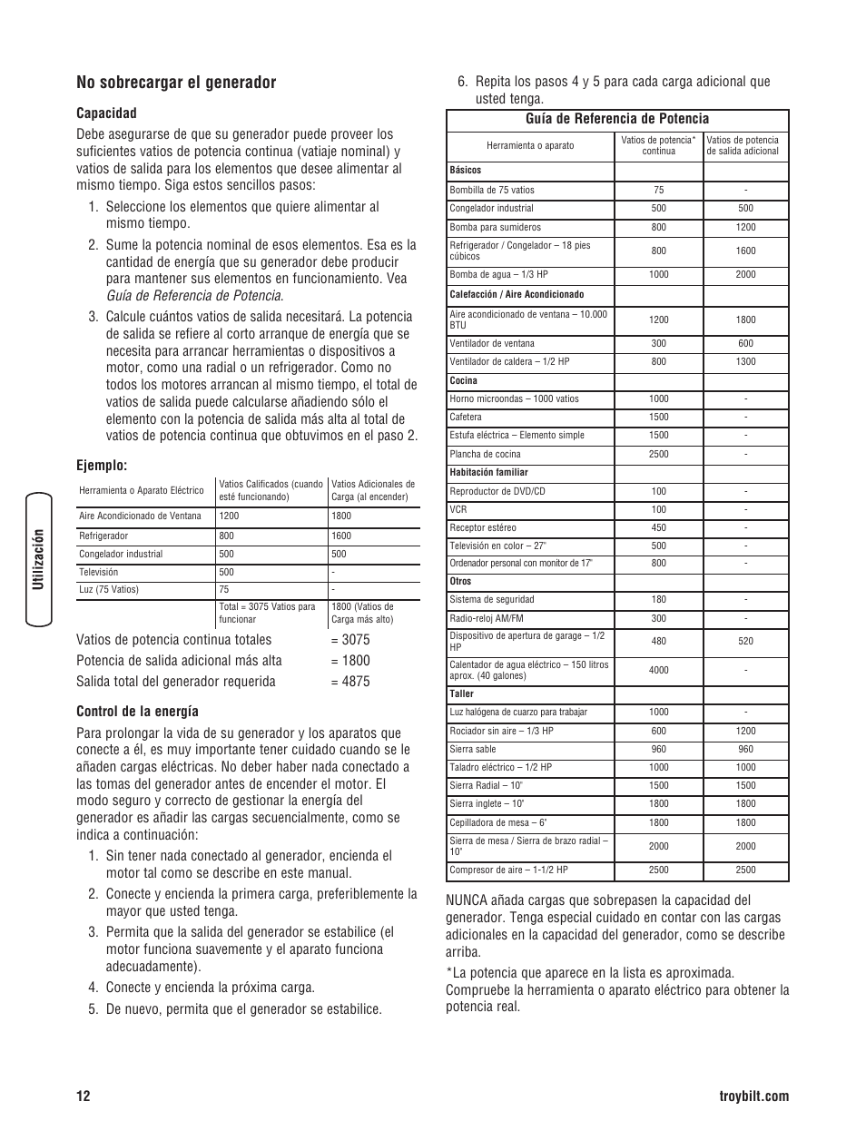 No sobrecargar el generador, Guía de referencia de potencia | Troy-Bilt M F 8 5 CT 30331 User Manual | Page 38 / 48