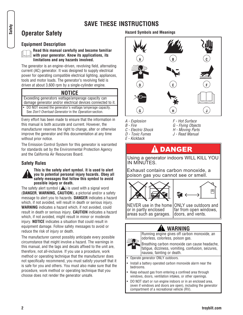 Operator safety, Equipment description, Safety rules | Equipment description safety rules, Save these instructions, Notice, Warning | Troy-Bilt M F 8 5 CT 30331 User Manual | Page 4 / 48
