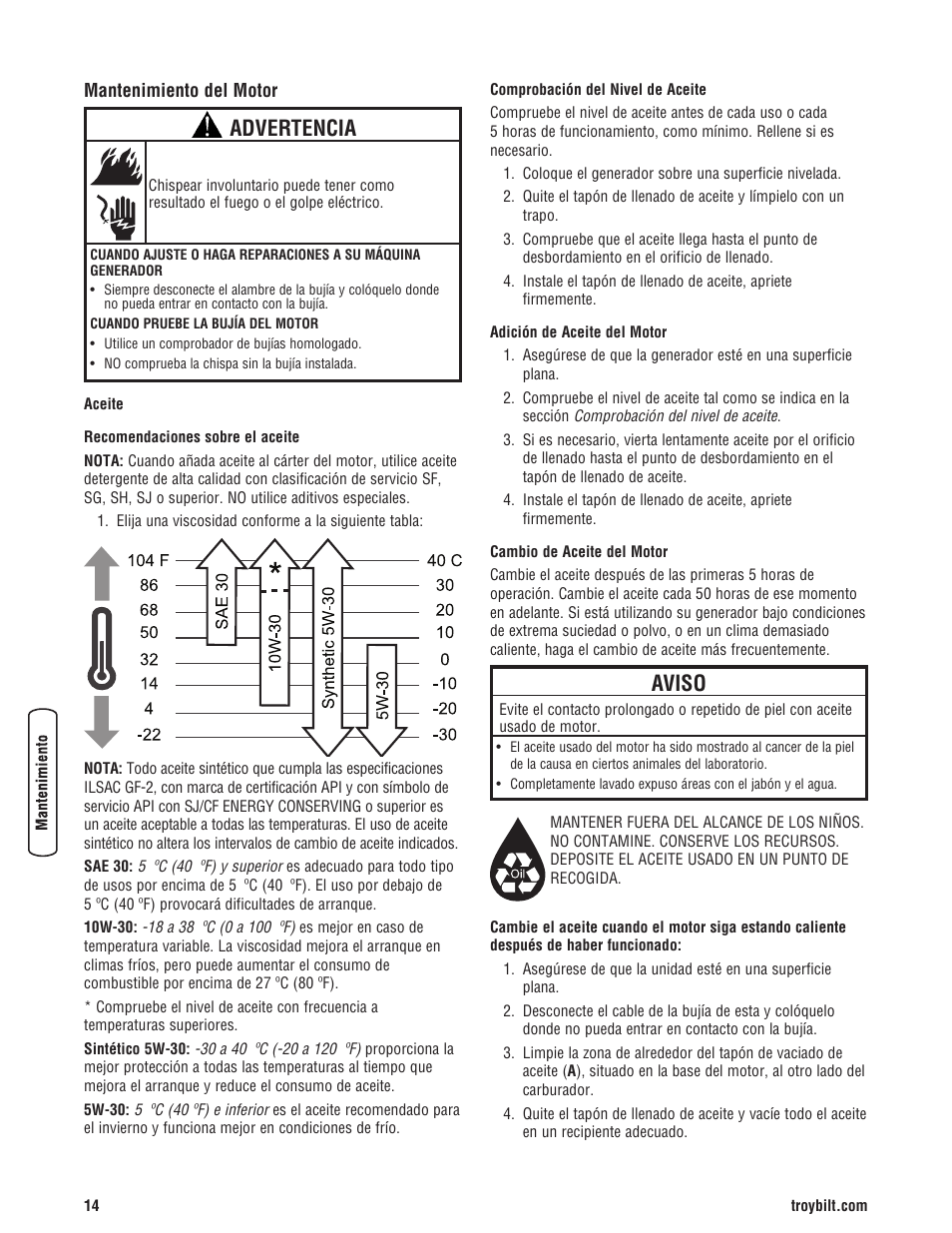 Advertencia, Aviso | Troy-Bilt M F 8 5 CT 30331 User Manual | Page 40 / 48