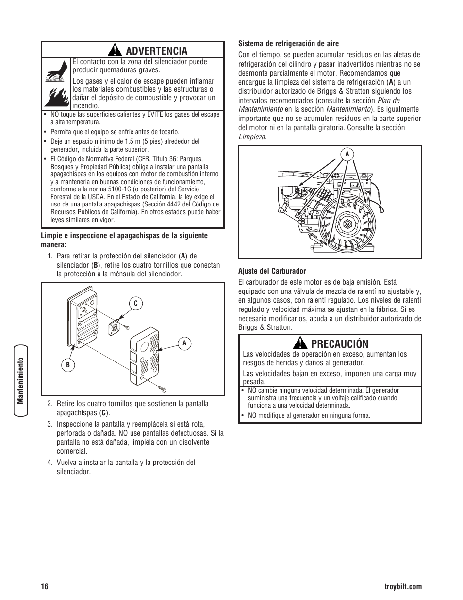 Advertencia, Precaución | Troy-Bilt M F 8 5 CT 30331 User Manual | Page 42 / 48