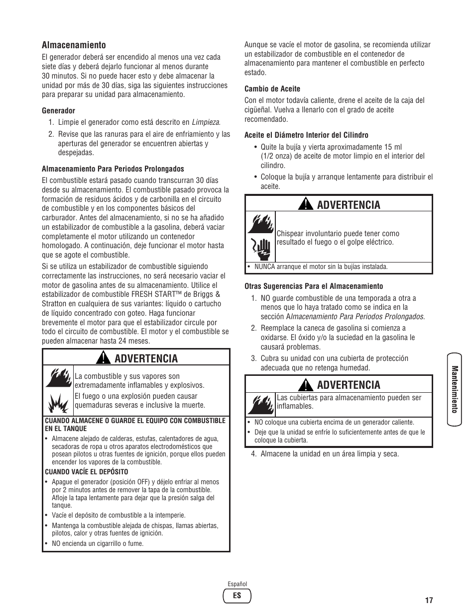 Advertencia | Troy-Bilt M F 8 5 CT 30331 User Manual | Page 43 / 48