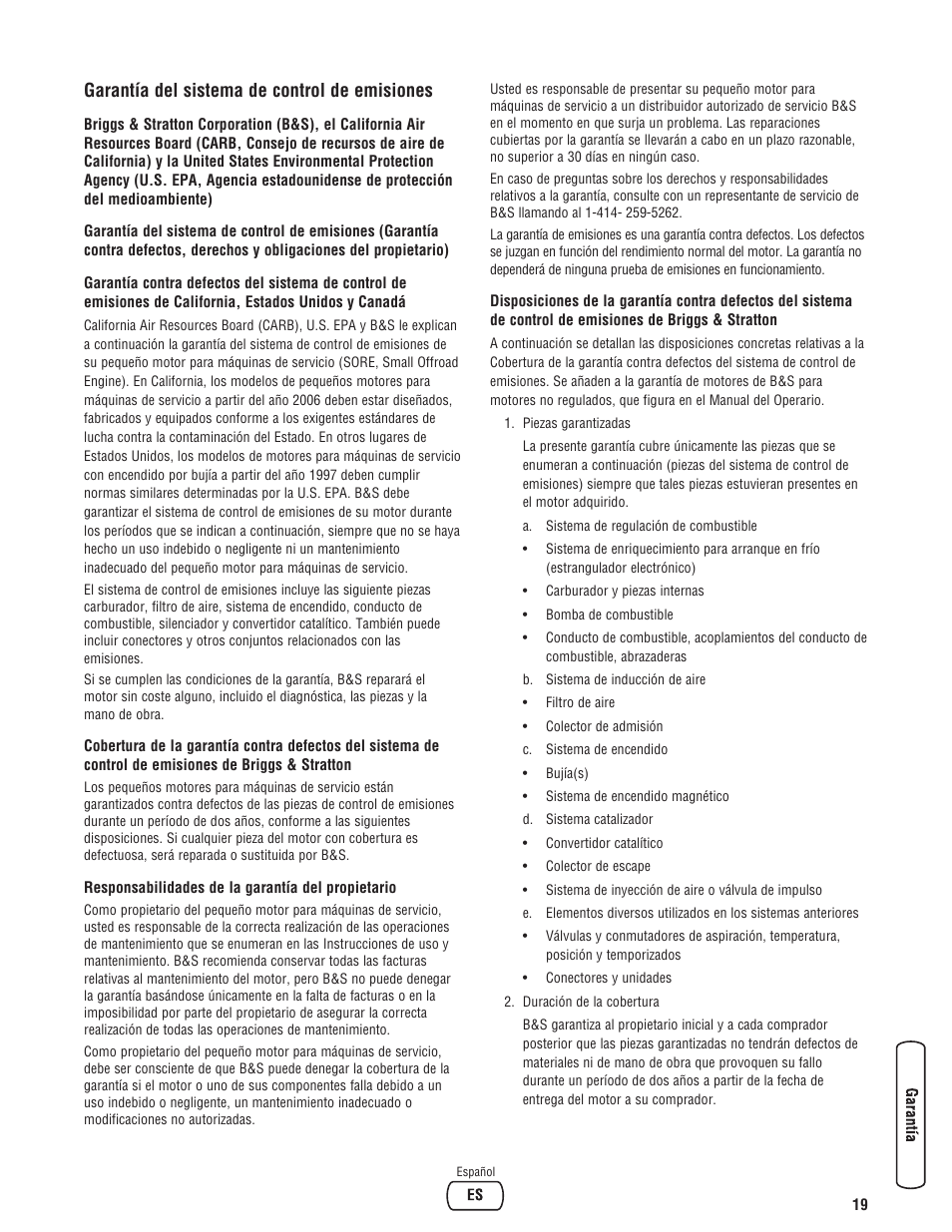 Garantía del sistema de control de emisiones | Troy-Bilt M F 8 5 CT 30331 User Manual | Page 45 / 48
