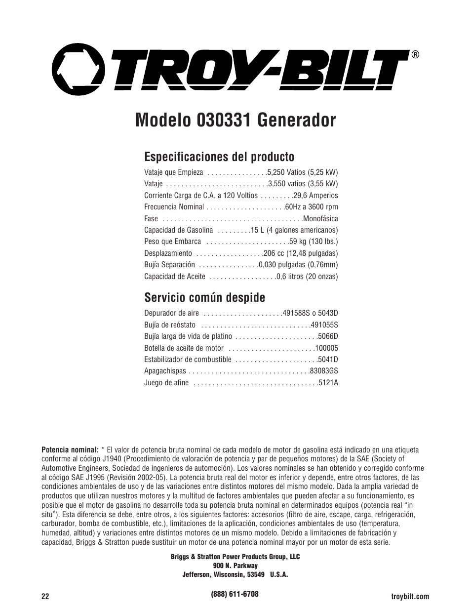 Especificaciones del producto, Servicio común despide | Troy-Bilt M F 8 5 CT 30331 User Manual | Page 48 / 48