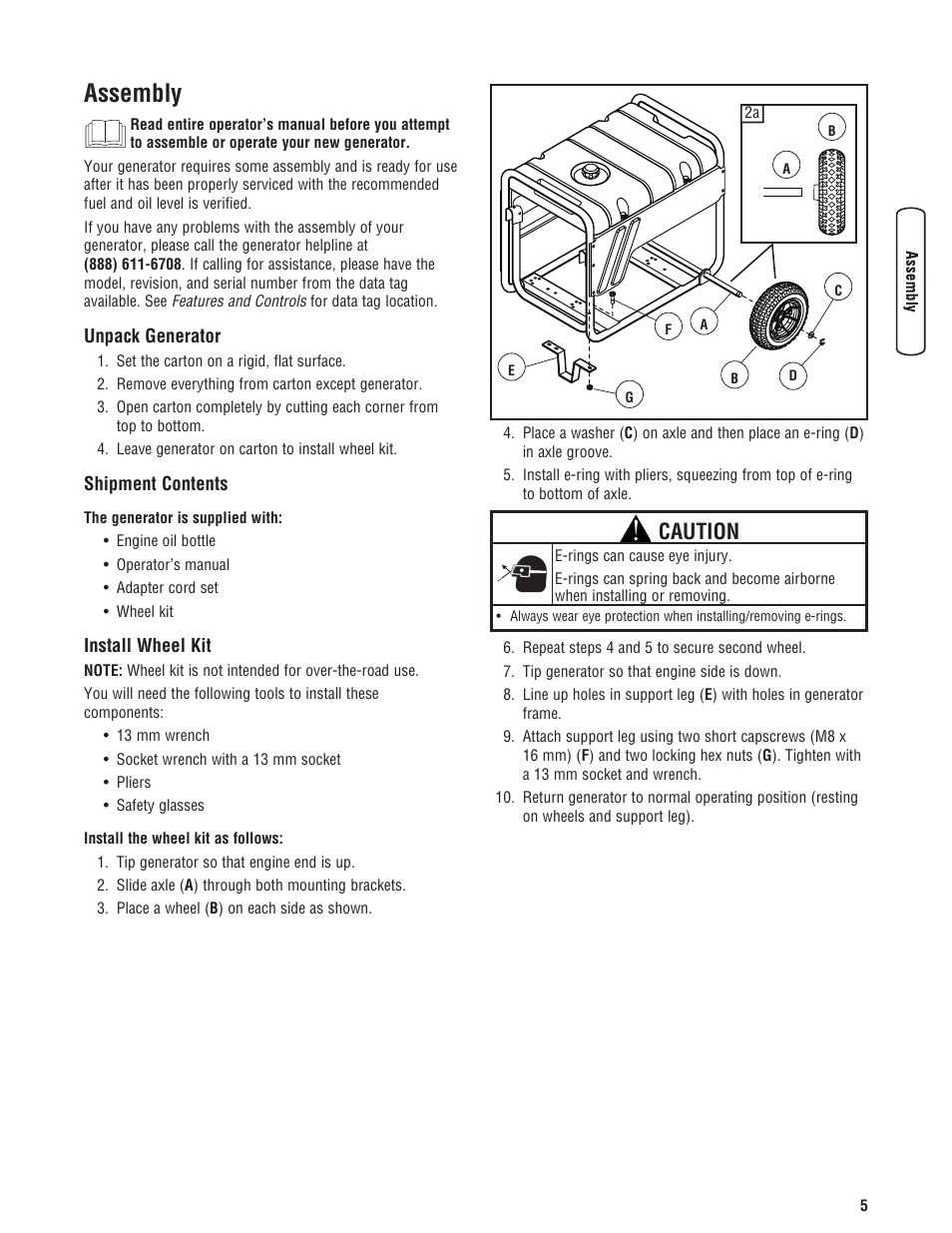 Assembly, Unpack generator, Shipment contents | Install wheel kit, Caution | Troy-Bilt M F 8 5 CT 30331 User Manual | Page 7 / 48