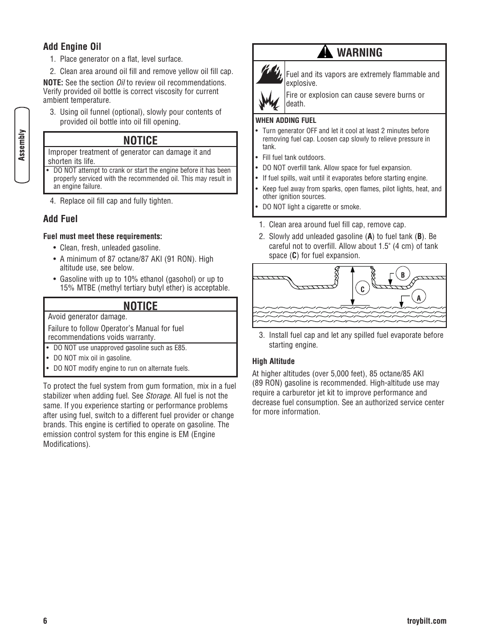 Add engine oil, Add fuel, Add engine oil add fuel | Notice, Warning | Troy-Bilt M F 8 5 CT 30331 User Manual | Page 8 / 48