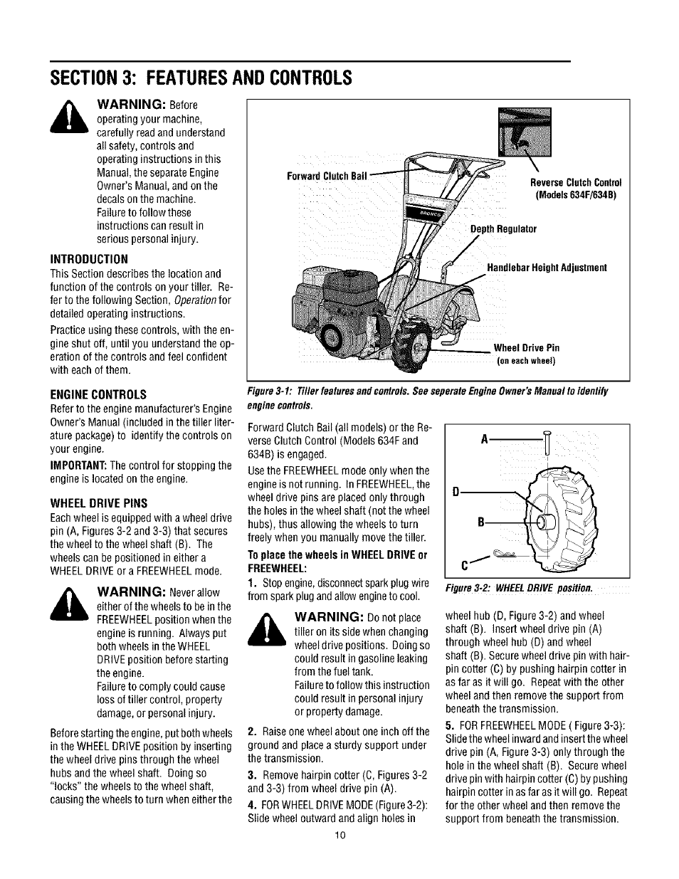 Section 3: features and controls, Introduction, Engine controls | Wheel drive pins, Warning | Troy-Bilt TUFFY 630C User Manual | Page 10 / 32