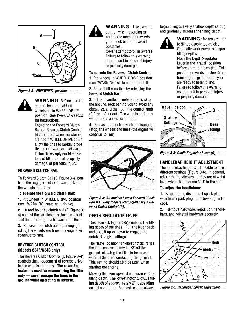 Forward clutch bail, Reverse clutch control (models 634f/634b only), Depth regulator lever | Handlebar height adjustment, Warning | Troy-Bilt TUFFY 630C User Manual | Page 11 / 32