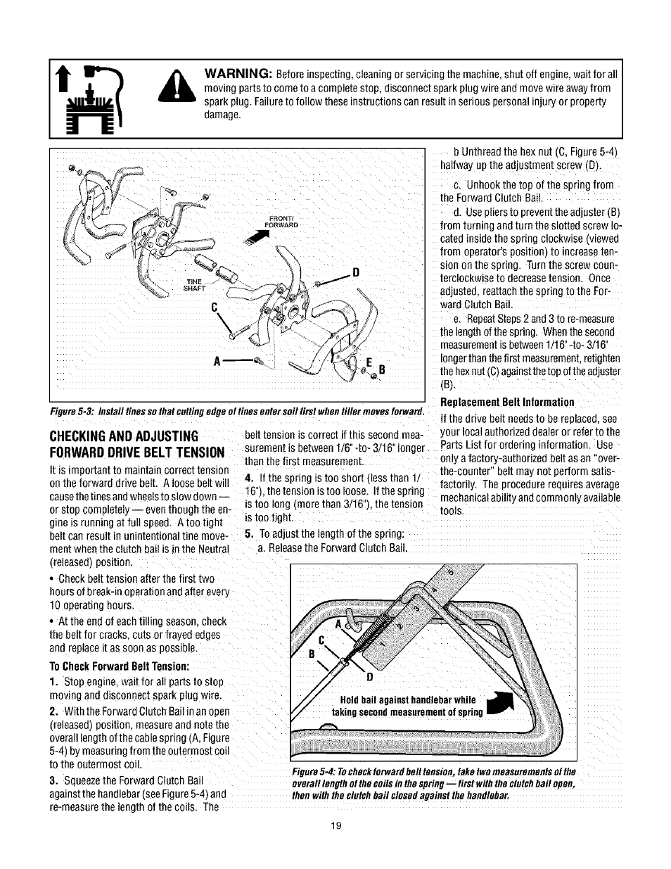 Checking and adjusting forward drive belt tension, To check forward beit tension | Troy-Bilt TUFFY 630C User Manual | Page 19 / 32