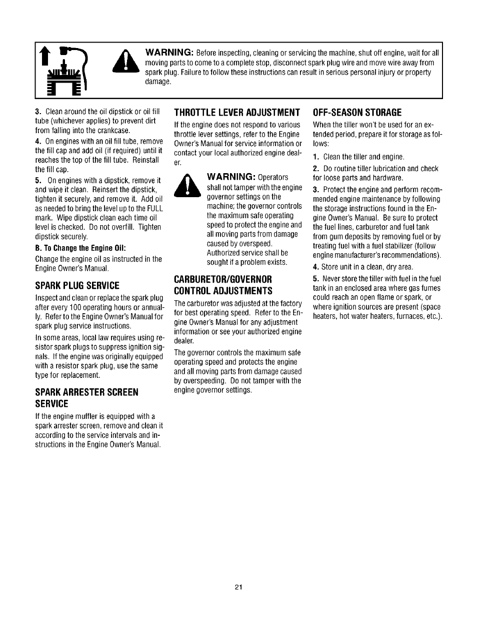 Spark plug service, Spark arrester screen service, Throttle lever adjustment | Carburetor/governor control adjustments, Off-season storage | Troy-Bilt TUFFY 630C User Manual | Page 21 / 32