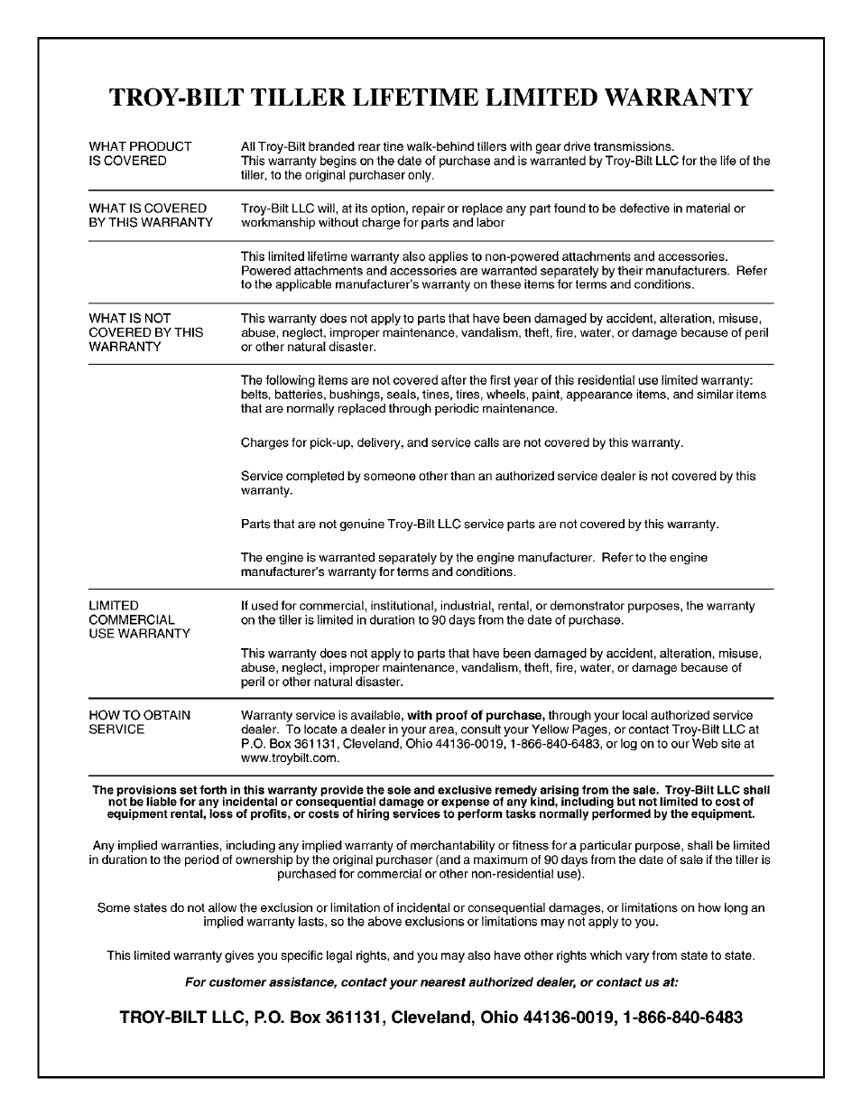 Troy-bilt tiller lifetime limited warranty | Troy-Bilt TUFFY 630C User Manual | Page 32 / 32