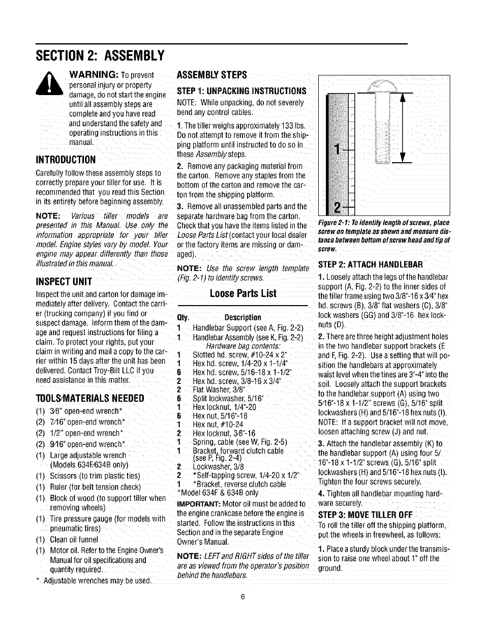 Section 2: assembly, Warning, Assembly steps introduction | Inspect unit, Loose parts list t00ls1viaterials needed | Troy-Bilt TUFFY 630C User Manual | Page 6 / 32