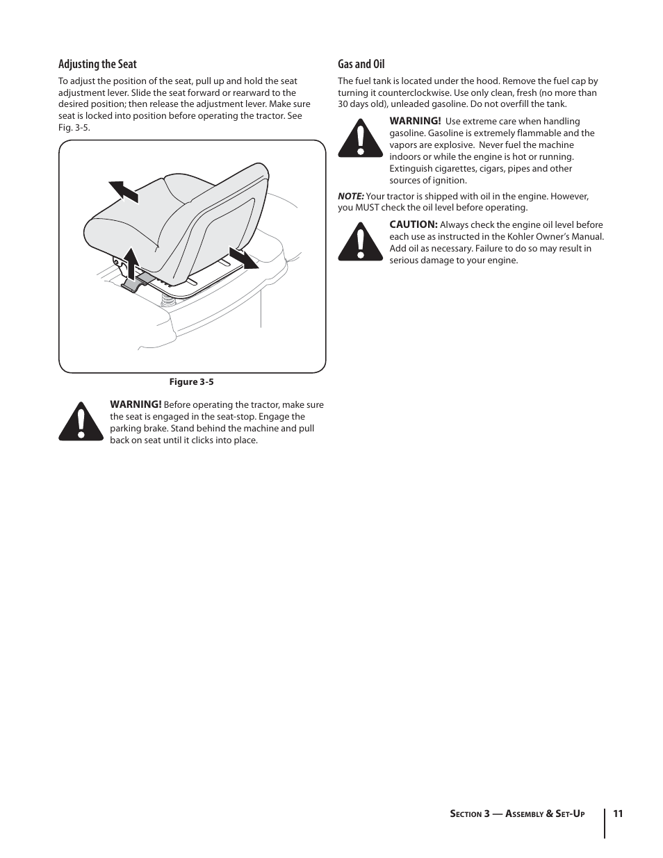 Adjusting the seat, Gas and oil | Troy-Bilt TB2246 User Manual | Page 11 / 36