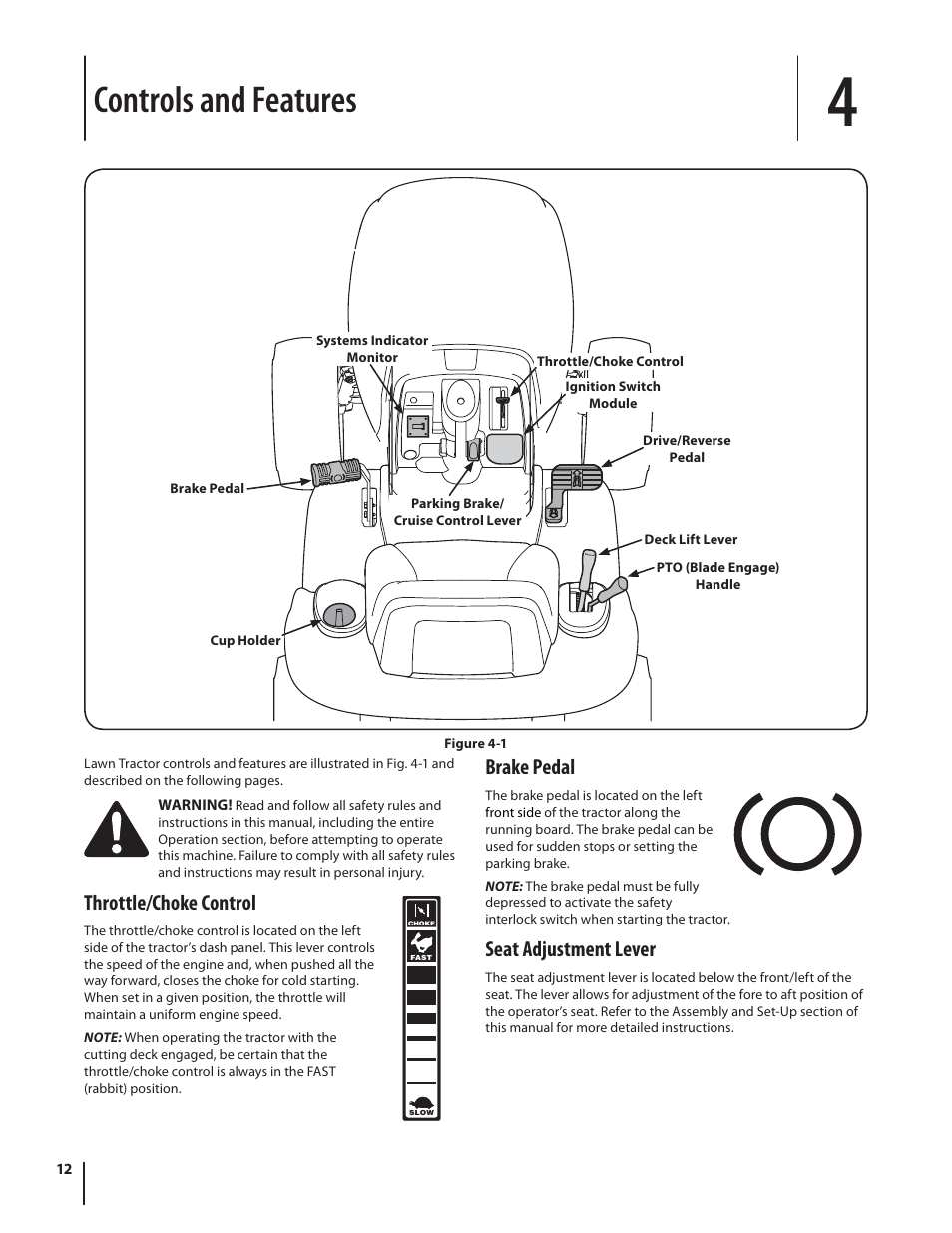 Controls and features, Throttle/choke control, Brake pedal | Seat adjustment lever | Troy-Bilt TB2246 User Manual | Page 12 / 36