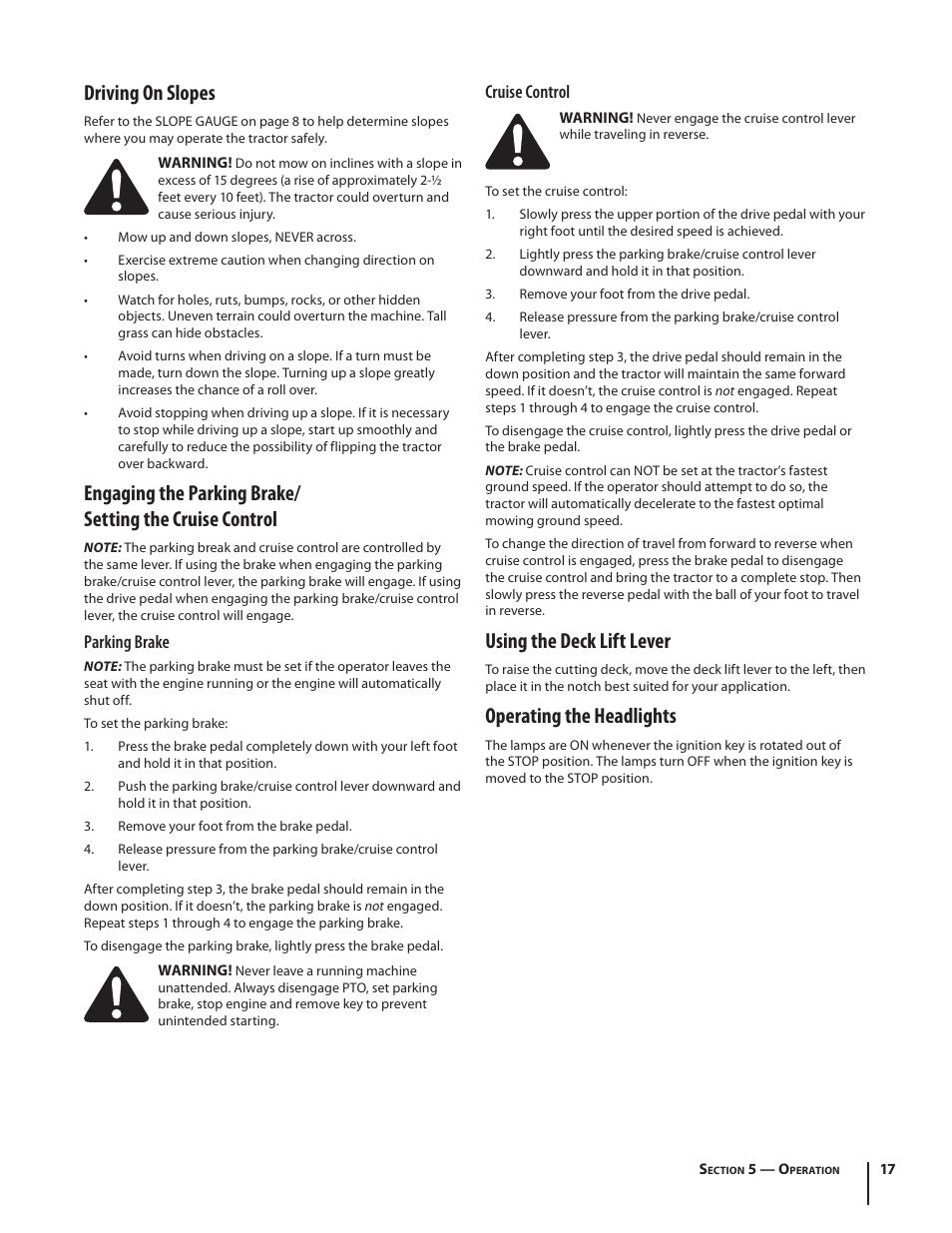 Driving on slopes, Using the deck lift lever, Operating the headlights | Parking brake, Cruise control | Troy-Bilt TB2246 User Manual | Page 17 / 36