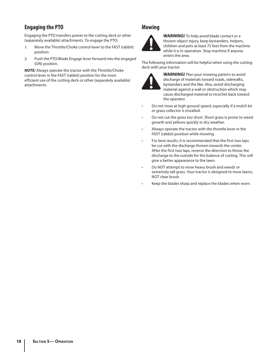Engaging the pto, Mowing | Troy-Bilt TB2246 User Manual | Page 18 / 36