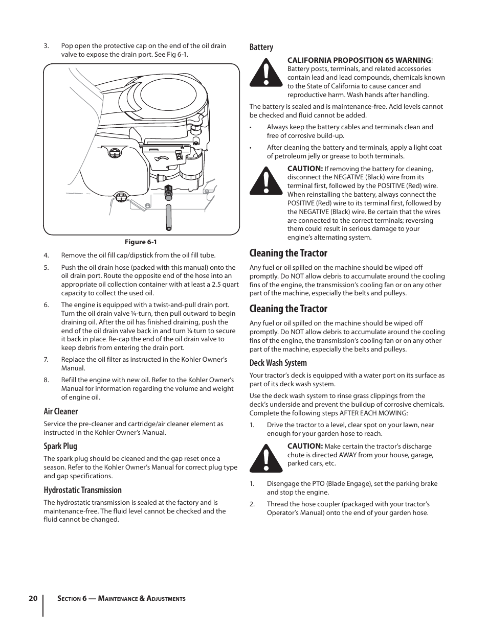 Cleaning the tractor, Air cleaner, Spark plug | Hydrostatic transmission, Battery, Deck wash system | Troy-Bilt TB2246 User Manual | Page 20 / 36