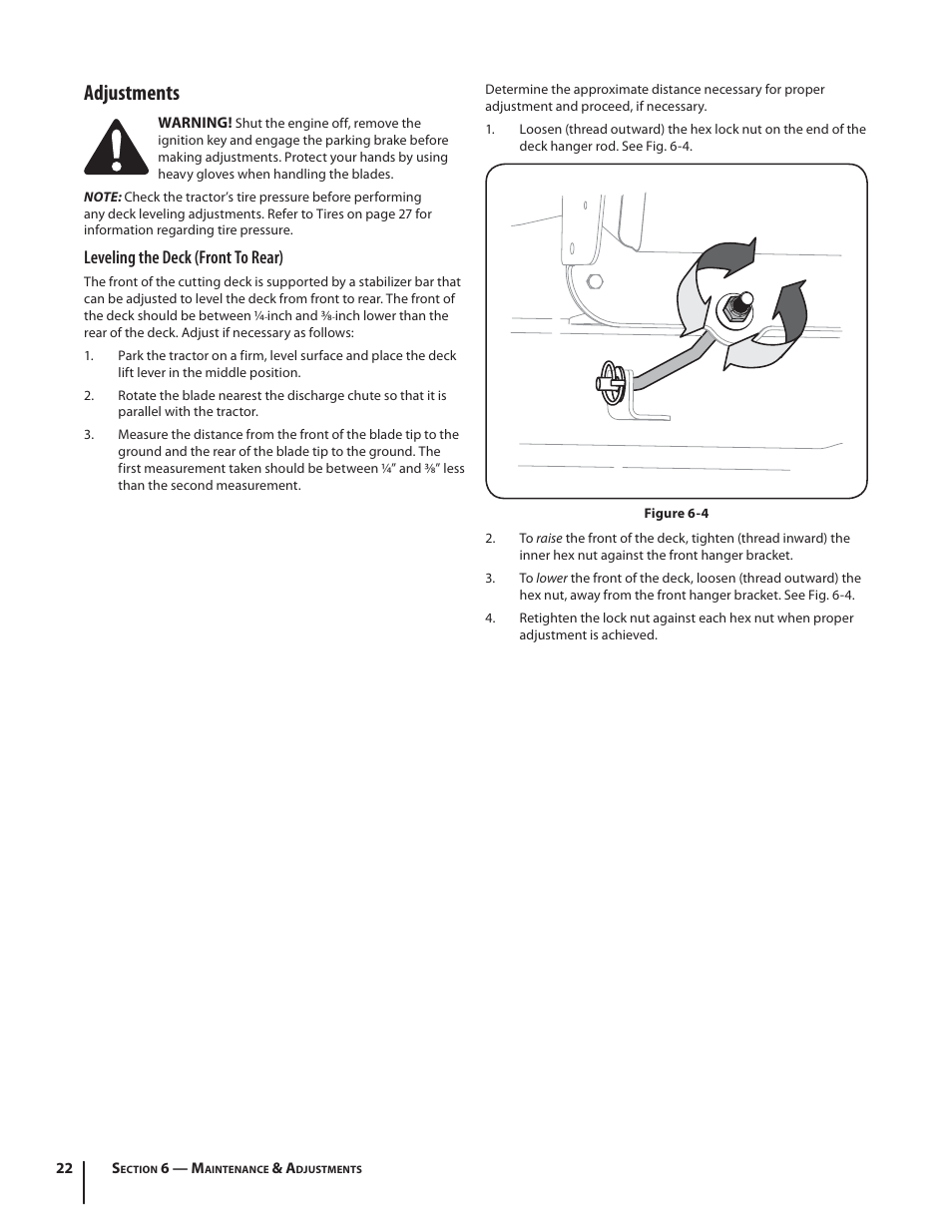 Adjustments, Leveling the deck (front to rear) | Troy-Bilt TB2246 User Manual | Page 22 / 36