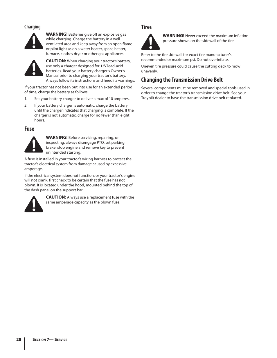 Fuse, Tires, Changing the transmission drive belt | Charging | Troy-Bilt TB2246 User Manual | Page 28 / 36