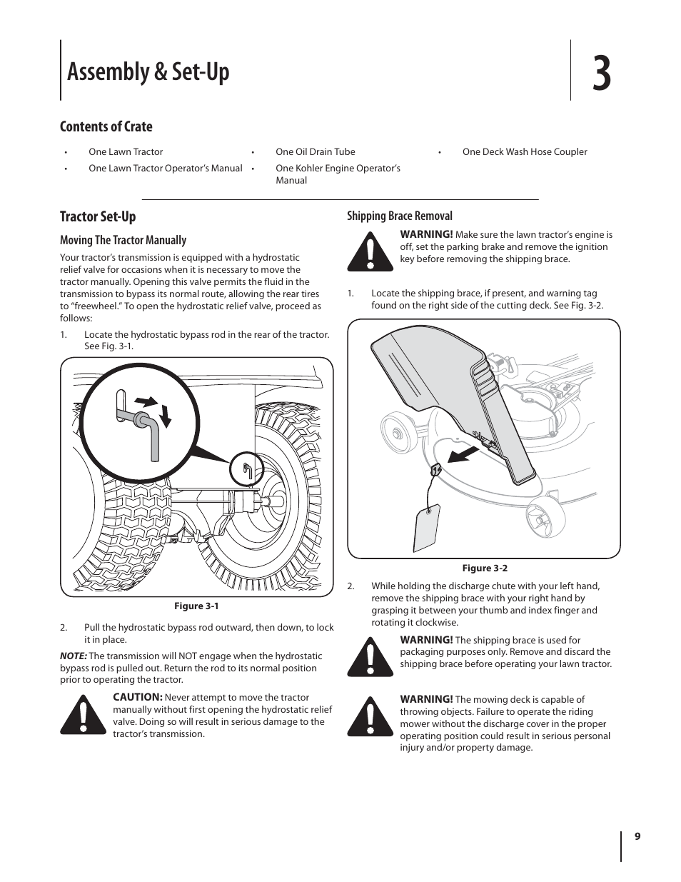 Assembly & set-up, Tractor set-up, Contents of crate | Troy-Bilt TB2246 User Manual | Page 9 / 36