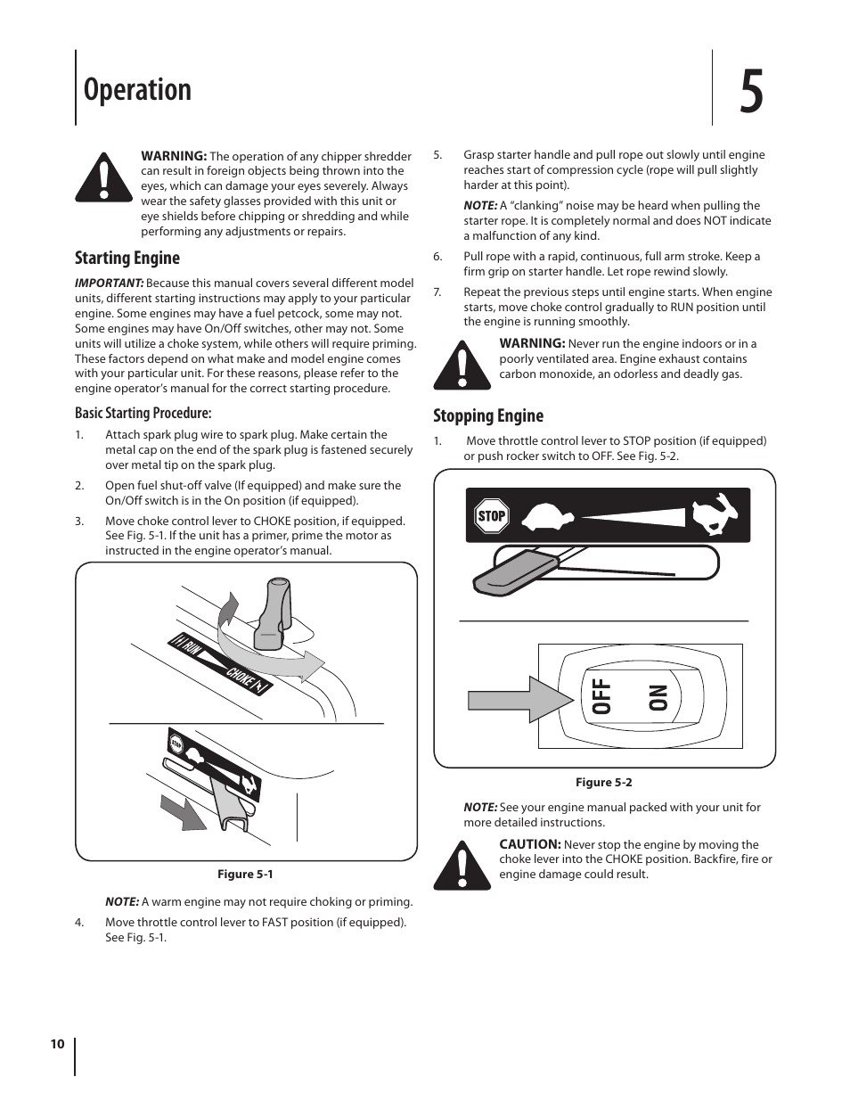 Operation, Starting engine, Stopping engine | Troy-Bilt 420 User Manual | Page 10 / 40