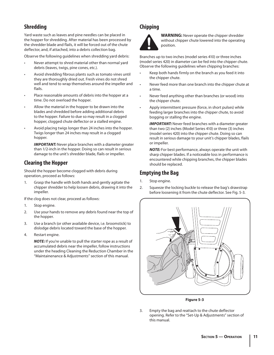 Chipping, Emptying the bag, Shredding | Clearing the hopper | Troy-Bilt 420 User Manual | Page 11 / 40