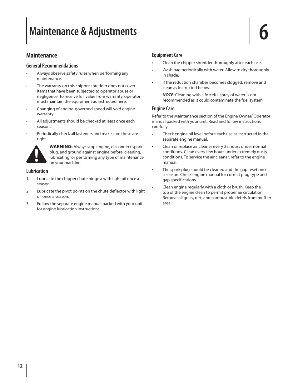 Maintenance & adjustments, Maintenance | Troy-Bilt 420 User Manual | Page 12 / 40