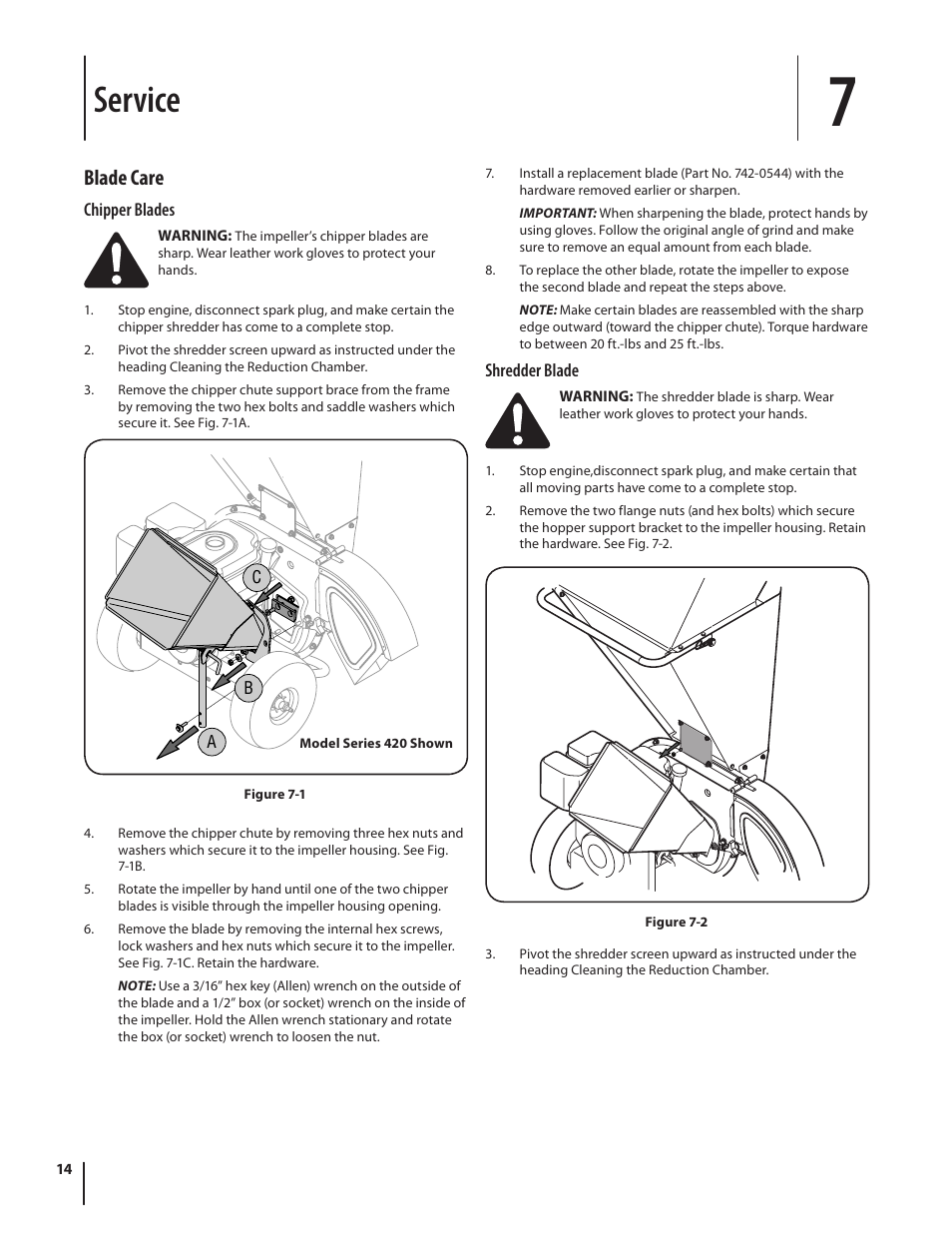 Service, Blade care | Troy-Bilt 420 User Manual | Page 14 / 40