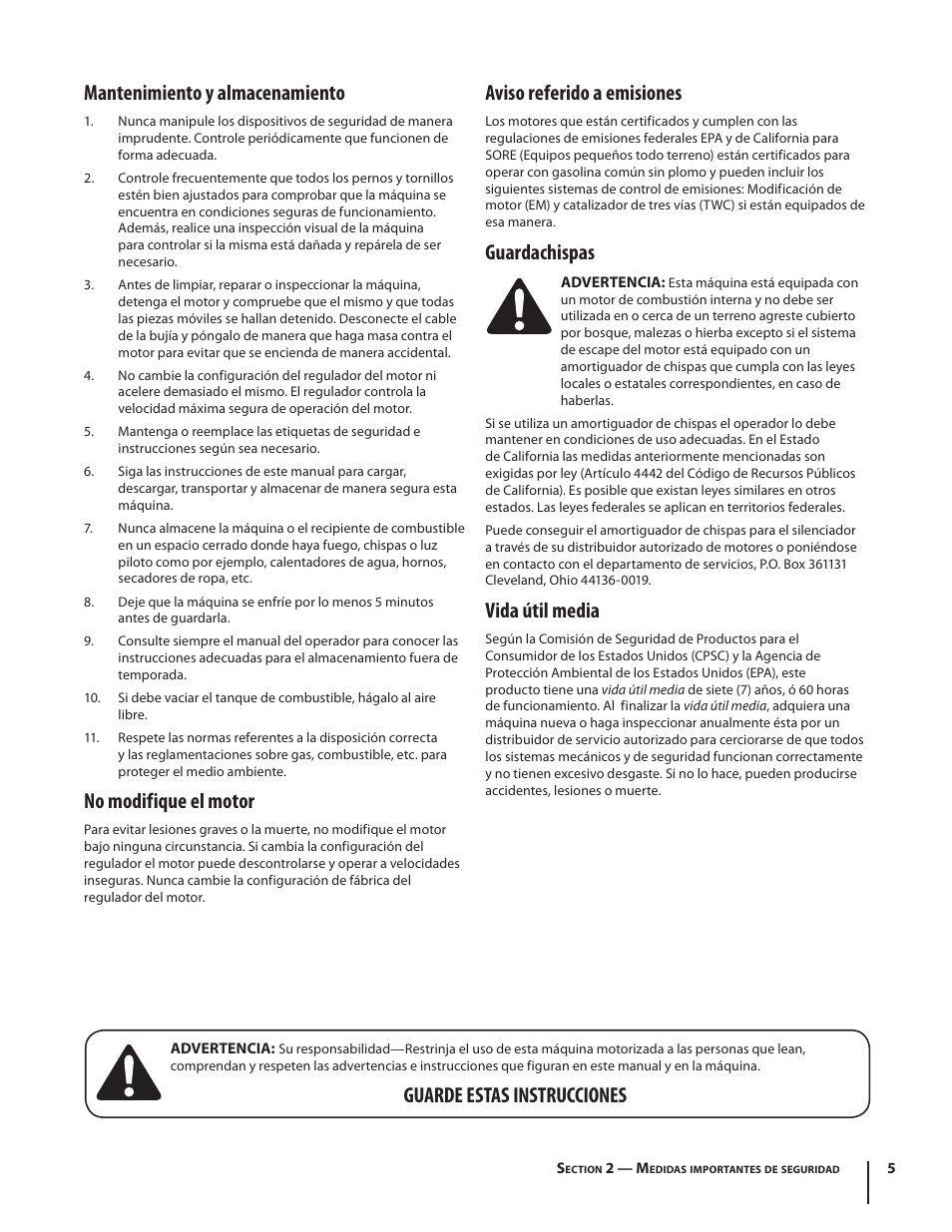 Mantenimiento y almacenamiento, No modifique el motor, Aviso referido a emisiones | Guardachispas, Vida útil media, Guarde estas instrucciones | Troy-Bilt 420 User Manual | Page 27 / 40