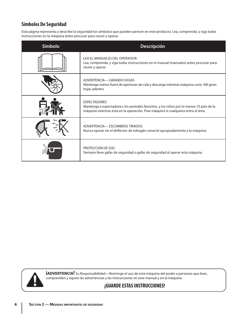 Símbolos de seguridad, Guarde estas instrucciones | Troy-Bilt 420 User Manual | Page 28 / 40