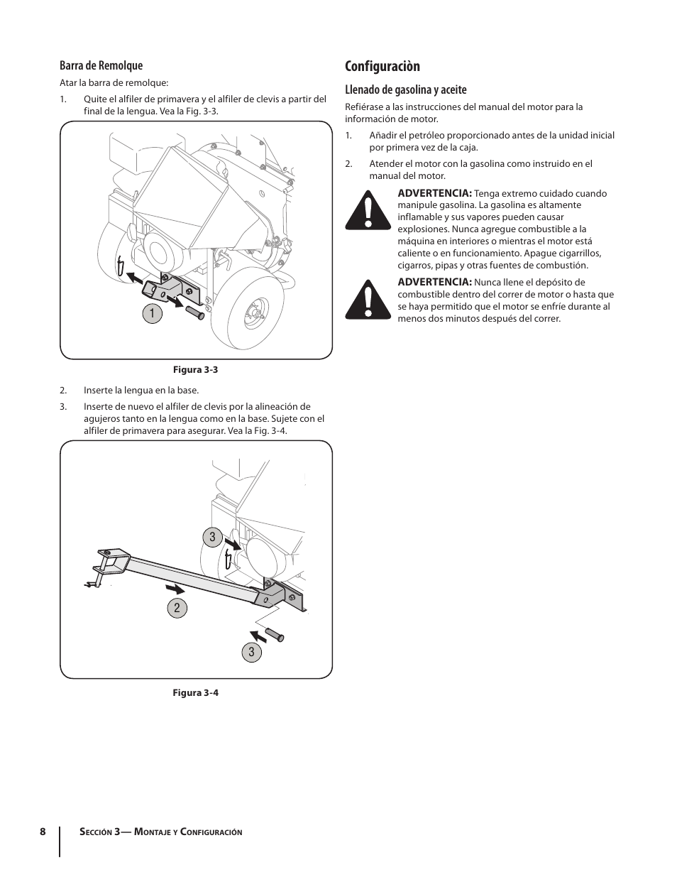 Configuraciòn, Llenado de gasolina y aceite, Barra de remolque | Troy-Bilt 420 User Manual | Page 30 / 40