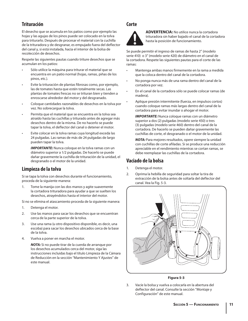 Corte, Vaciado de la bolsa, Trituración | Limpieza de la tolva | Troy-Bilt 420 User Manual | Page 33 / 40