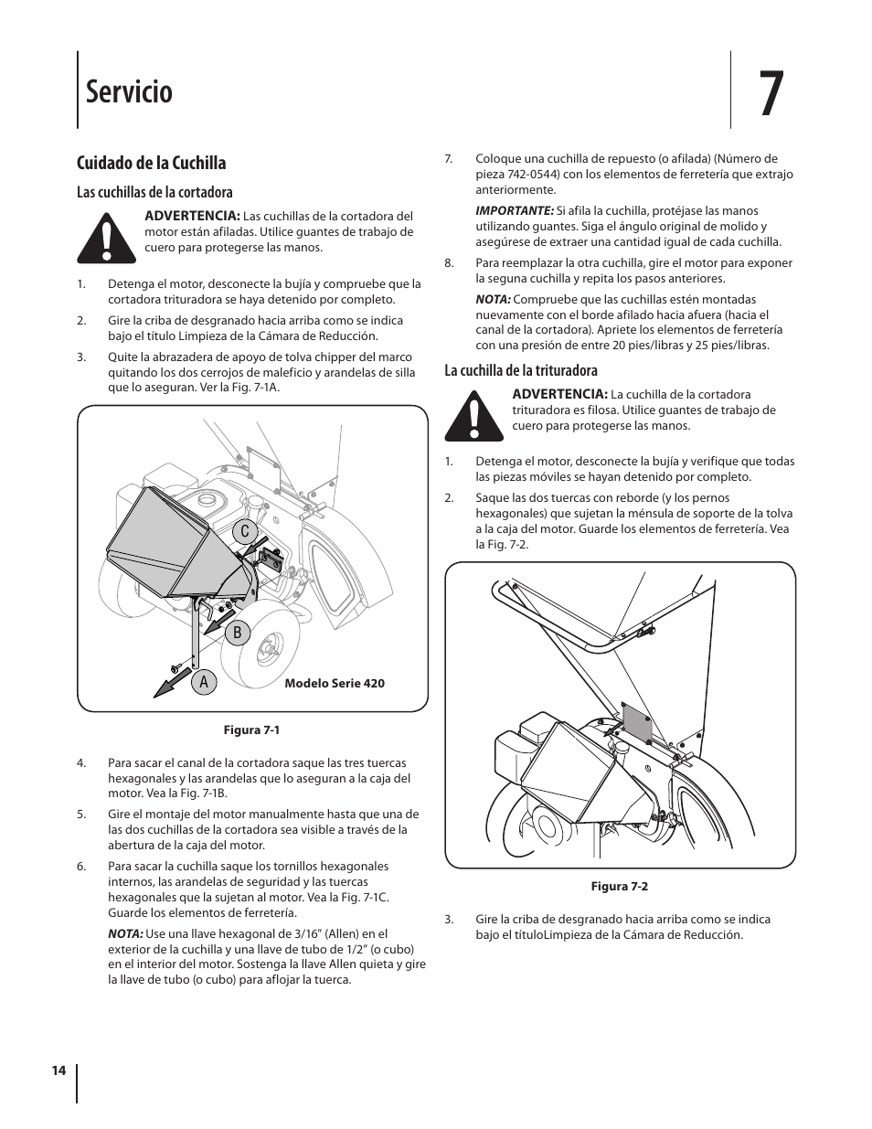 Servicio, Cuidado de la cuchilla | Troy-Bilt 420 User Manual | Page 36 / 40