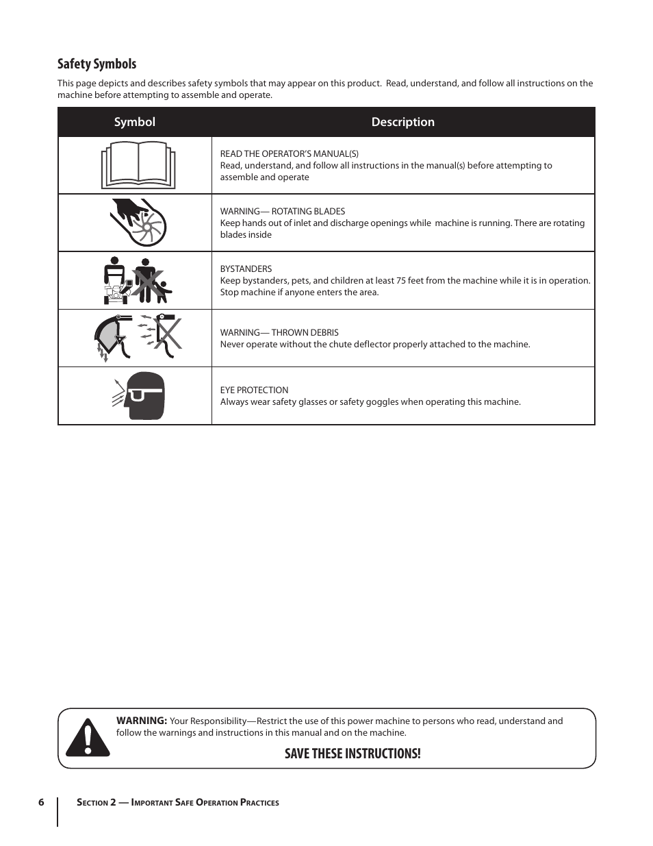 Safety symbols, Save these instructions, Symbol description | Troy-Bilt 420 User Manual | Page 6 / 40