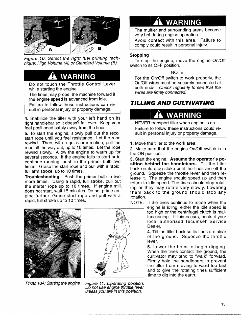 Tilling and cultivating, Warning, Photo 10a: starting the engine | Troy-Bilt 12157 User Manual | Page 13 / 24