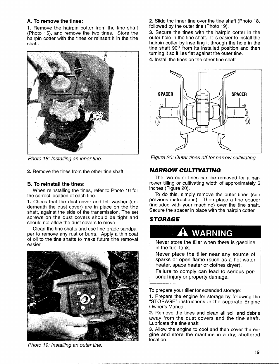 Warning, Photo 19: installing an outer tine | Troy-Bilt 12157 User Manual | Page 19 / 24