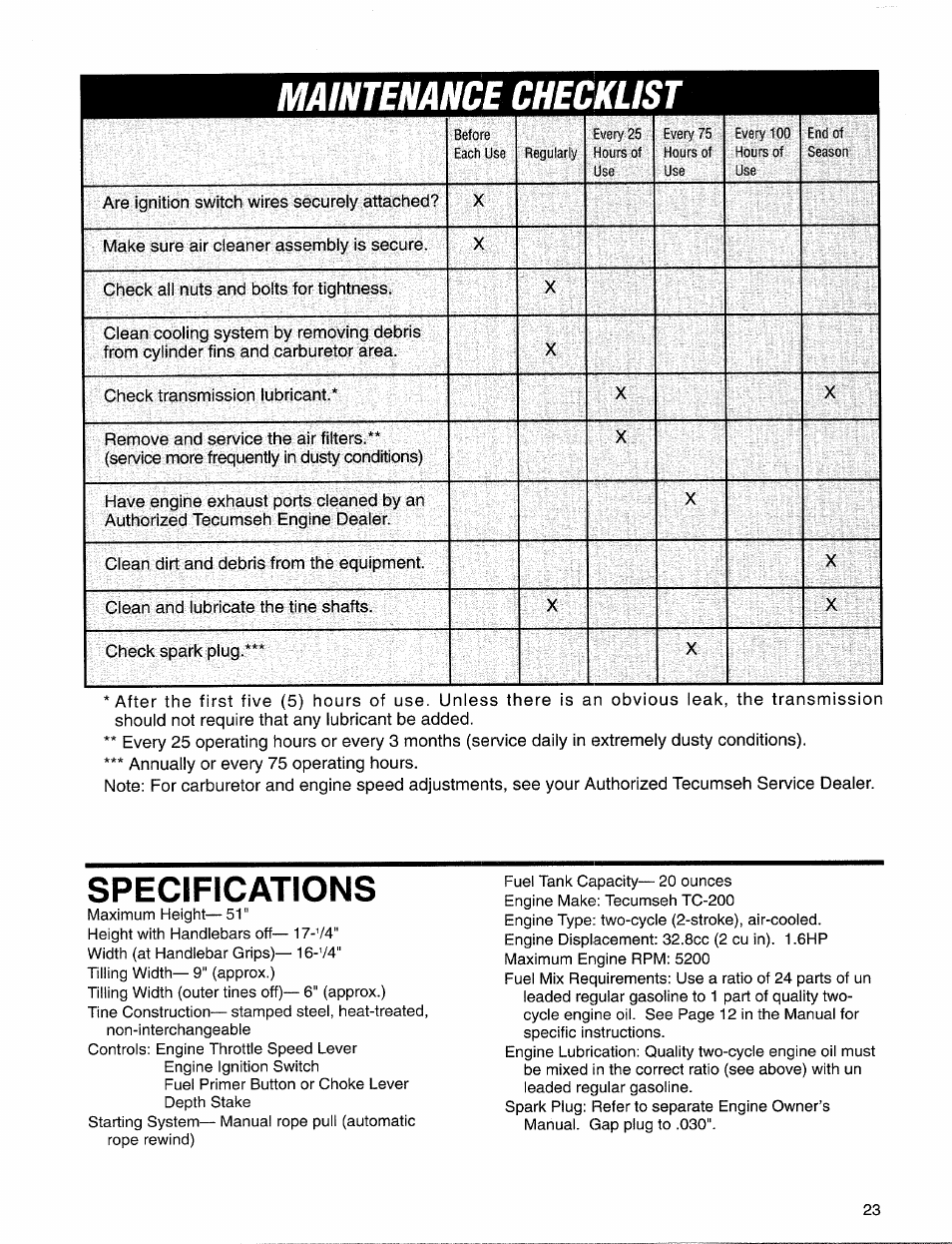 Mamenance checklist, Specifications | Troy-Bilt 12157 User Manual | Page 23 / 24